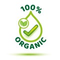 100 percent organic with green leaf label icon on white background for organic bio pharmacy and natural skincare cosmetic product