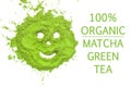 100 percent organic matcha green tea smile on a white background isolated, copy space, top view