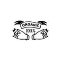 100 percent organic vector logo - a vintage handmade badge with hands and ribbon in stamp style. Vintage vector Royalty Free Stock Photo