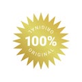 100 percent original product label sign. Round golden premium quality product guarantee logo. Simple gold starburst Royalty Free Stock Photo