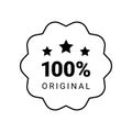 100 percent original product label sign. Round premium quality product guarantee logo with stars. Black wavy badge