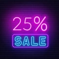 25 percent sale neon sign on brick wall background.