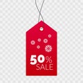 50 percent sale shopping tag sign. Vector icon isolated on transparent background. Red symbol for price, discount, shop, business
