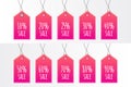 10 20 25 30 40 50 60 70 80 90 percent shopping tag set. Vector icon isolated. Sign for sale, label, discount, advertisement,