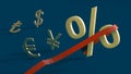 Percent sign breaks through the finish line, overtaking the symbols of currencies - dollar, euro, pound sterling, lira. Royalty Free Stock Photo