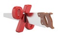 Percent sign with cutting saw. Financial risk concept, 3D render Royalty Free Stock Photo