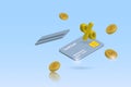 Percent sign of interest rate credit card with falling gold coins. Money spending, Financial, banking hot promotion for online