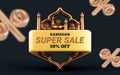 50 percent super sale banner with golden mosque 3d render for Ramadan