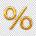 Percent symbol. Golden percent sign isolated on transparent background. Percentage, discount concept. Realistic 3D vector Royalty Free Stock Photo