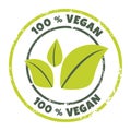 100 percent vegan icon. Vector label, logo, sticker. Textured round organic, bio, eco symbol with green leaves. Concept Royalty Free Stock Photo