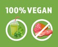 100 percent vegan. No meat. Ecofriendly vegan lifestyle, reducetarianism. Vector illustration on green background.