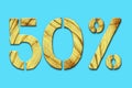 50 percent. Wooden numbers, isolated on a blue background.Business.Sales. Trade. Design element