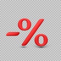 Percentage character 3D with minus sign. Red percent symbol on transparent background