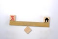 Percentage icon and house on an unbalance seesaw. Interest rate finance and real estate concept