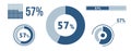 57% percentage infographic set. Fifty-seven circle diagram, pie donut chart, progress bar. 57 percent loading data icon. Vector