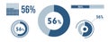 56% percentage infographic set. Fifty-six circle diagram, pie donut chart, progress bar. 56 percent loading data icon. Vector