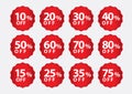 Percentage Off stickers, Sale Tags, Red Sale template, Labels, Discount, icon vector