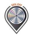 50 percentage off vector banner sale pinpoint geo location icon. Holographic target element