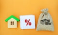 The percentage of real estate sales. Money bag, house and percent sign. Tax interest. Loan and mortgage rates. Business and Royalty Free Stock Photo