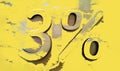 Percentage sign on wood wall with peeled illuminating yellow paint. Three 3 percent. Sale background. Mortgage loan. Typescript.