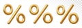 Percentage symbol. Set of Golden percent sign isolated on transparent background. Percentage, discount concept. Realistic 3D Royalty Free Stock Photo