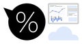 Percentage symbol with speech bubble next to cloud and data analytics dashboard with graphs