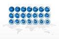 Vector infographic icons with world map. 5 10 15 20 25 30 35 40 45 50 55 60 65 70 75 80 85 90 95 100 0 percent pie charts Royalty Free Stock Photo