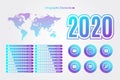 Percentage vector infographic symbol set, 5 to 100 percent gradient pie chart signs. Circle business icons. World Map. 2020 sign