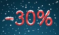 30 percents discount numbers with snow and icicles. Snowing retail winter digits for your business web site or banners. Advertise