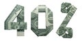 40 Percents Sale Sign Collage Money Origami Folded with 3 Real One Dollar Bills Isolated on White Background