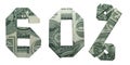 60 Percents Sale Sign Collage Money Origami Folded with 3 Real One Dollar Bills Isolated on White Background