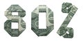 80 Percents Sale Sign Collage Money Origami Folded with 3 Real One Dollar Bills Isolated on White Background