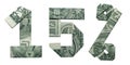 15 Percents Sale Sign Collage Money Origami Folded with 3 Real One Dollar Bills Isolated on White Background