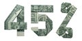 45 Percents Sale Sign Collage Money Origami Folded with 3 Real One Dollar Bills Isolated on White Background