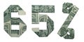 65 Percents Sale Sign Collage Money Origami Folded with 3 Real One Dollar Bills Isolated on White Background