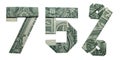 75 Percents Sale Sign Collage Money Origami Folded with 3 Real One Dollar Bills Isolated on White Background