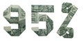 95 Percents Sale Sign Collage Money Origami Folded with 3 Real One Dollar Bills Isolated on White Background