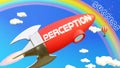 Perception lead to achieving success in business and life. Cartoon rocket labeled with text Perception, flying high in the blue