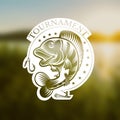 Perch fish and fishman with fishing rod in engrving style. Logo for fishing, championship and sport club on blurred landscape phot