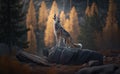 A wolf howling on a rock showcasing its wild with blurred background, generative AI