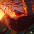 Perched on a beautiful big tree branch, a cool funky light red bird tends to its little nest, safeguarding a few eggs, while a