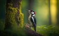 A woodpecker with its beak on a beech trunk full with moss, a green, blurred green forest background, generative AI