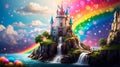 A Fairy-tale Castle Under A Rainbow Sky. Generative  AI Royalty Free Stock Photo