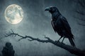 A crow or raven in front of a the moon on a tree branch in a mysterious and chilling atmosphere