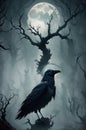 A crow or raven in front of a the moon in a mysterious and chilling atmosphere