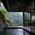 Small swimming pool in a modern house rising above the Guilin Hills