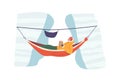 Perched High Above, A Rock Climber Female Character Reading Book, Finds Solace In A Hammock, Vector Illustration