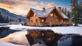 Beautiful wooden house high in the mountains, sprinkled with snow.