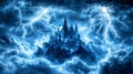 Perched on a mountain, a gothic castle is surrounded by ominous clouds and lightning strikes Royalty Free Stock Photo