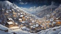 Small houses standing on the side of a mountain under a snowy sky.